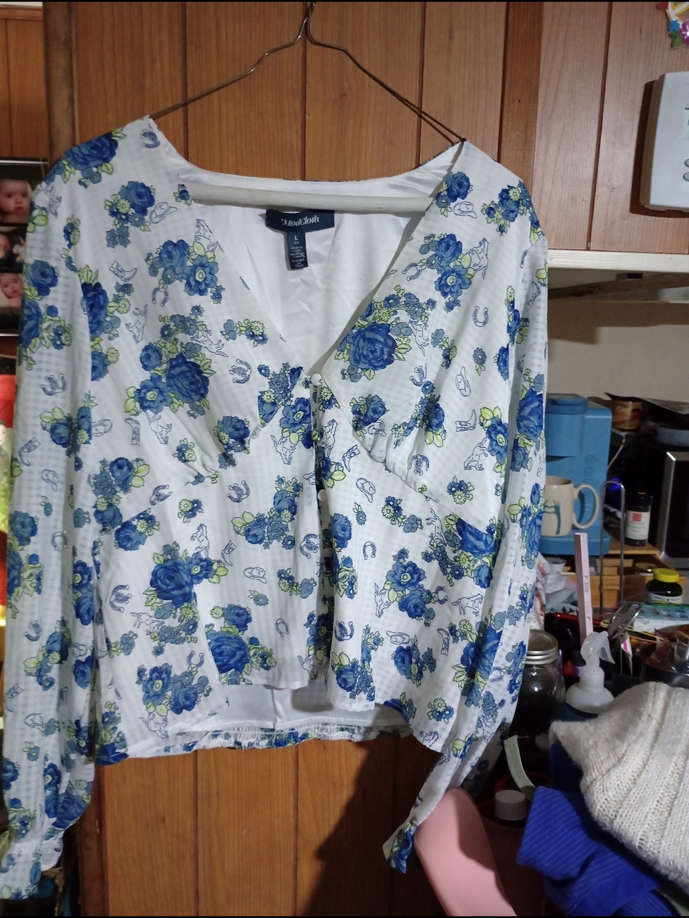 Modcloth White Blouse with Blue Floral Print